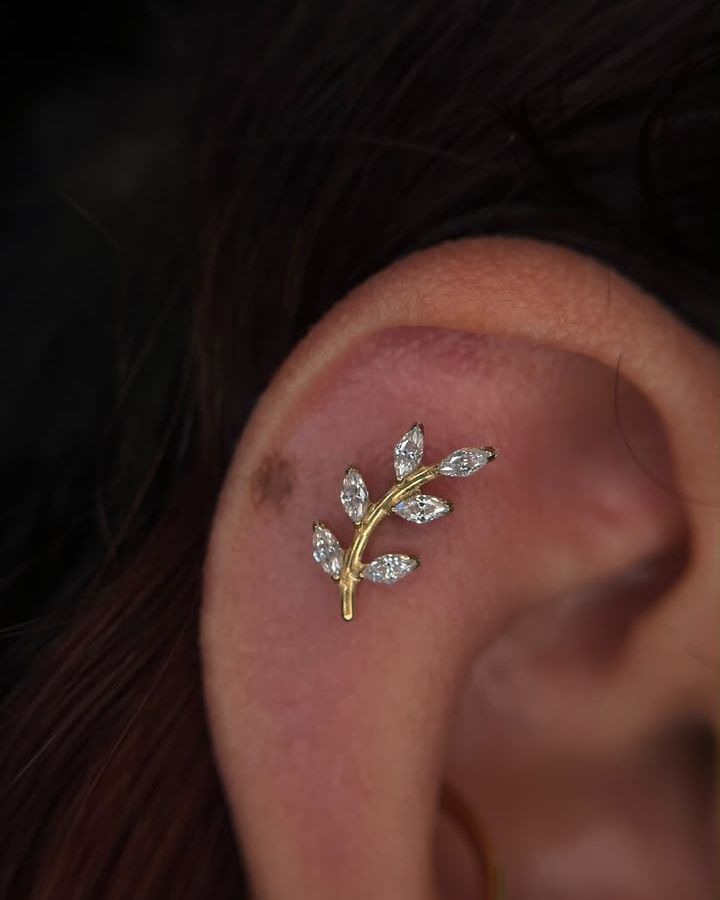 Piercing no hélix com joia em formato de folha